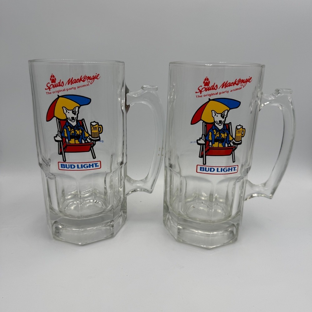 Vintage 1987 Spuds MacKenzie Bud Light Beer Mugs Set of 2 Anheuser Busch Glass